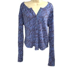 We The Free Blue Mixed Print Henley Long Sleeve Top Oversized Size S